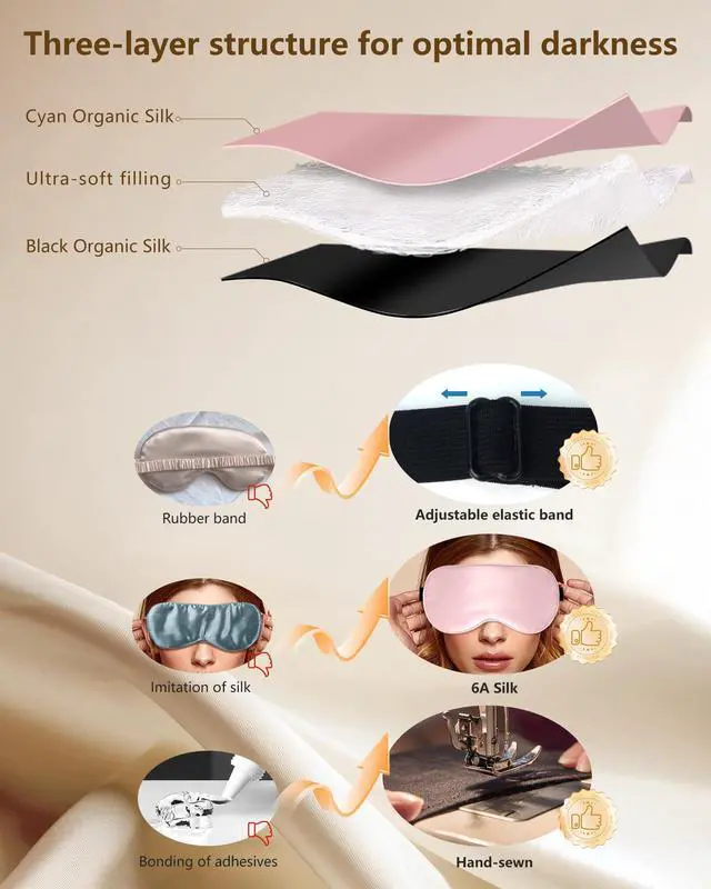 Alt view image 5 of 7 - Silk Sleep Mask for Women - Soft Breathable Organic Natural Mulberry Silk Fabric Blackout Eye Mask for Sleeping with Adjustable Straps No Pressure Eye Mask for Travel Essentials Gifts (Pink)
