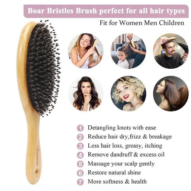 Alt view image 4 of 7 - Hair Brush Comb Set Boar Bristle Hairbrush for Curly Thick Long Fine Dry Wet Hair,Best Travel Bamboo Paddle Detangler Detangling Hair Brushes for Women Men Kids Adding Shine Smoothing Hair