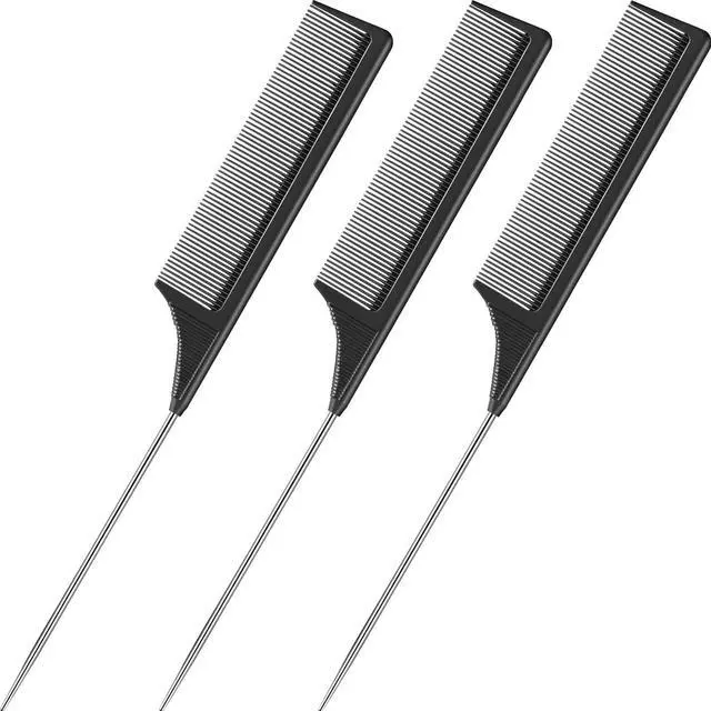 Main image of 3 Packs Rat Tail Comb Steel Pin Rat Tail Carbon Fiber Heat Resistant Teasing Combs with Stainless Steel Pintail (Black)