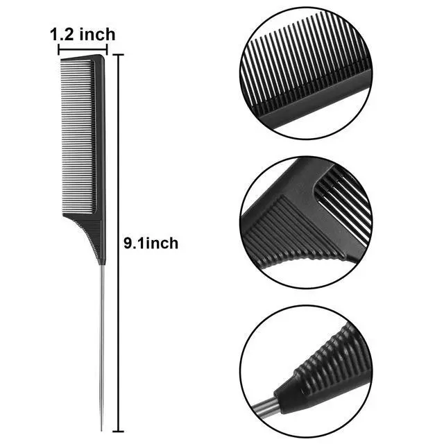 Alt view image 2 of 6 - 3 Packs Rat Tail Comb Steel Pin Rat Tail Carbon Fiber Heat Resistant Teasing Combs with Stainless Steel Pintail (Black)