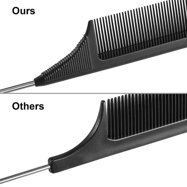 Alt view image 3 of 6 - 3 Packs Rat Tail Comb Steel Pin Rat Tail Carbon Fiber Heat Resistant Teasing Combs with Stainless Steel Pintail (Black)