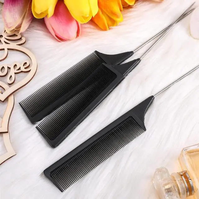 Alt view image 6 of 6 - 3 Packs Rat Tail Comb Steel Pin Rat Tail Carbon Fiber Heat Resistant Teasing Combs with Stainless Steel Pintail (Black)