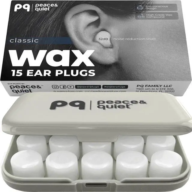 Main image of PQ Wax Ear Plugs for Sleeping, Swimming - 15 Soft Noise Cancelling Silicone Gel Wax Earplugs for Sleep and Swimmers, Ear Protection with Sound Blocking Level of 32 Db, (15-Pillows)