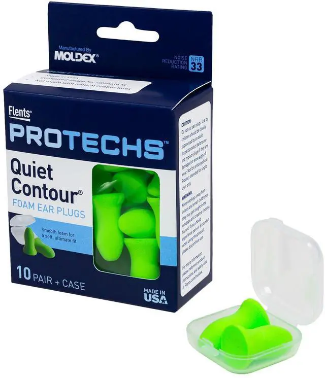 Main image of Protechs Foam Ear Plugs, 10 Pair with case Sleeping, Snoring, Loud Noise, Traveling, Concerts, Construction, Studying, Work, Shooting, NRR 33, Noise Cancelling, Green, Made in the USA