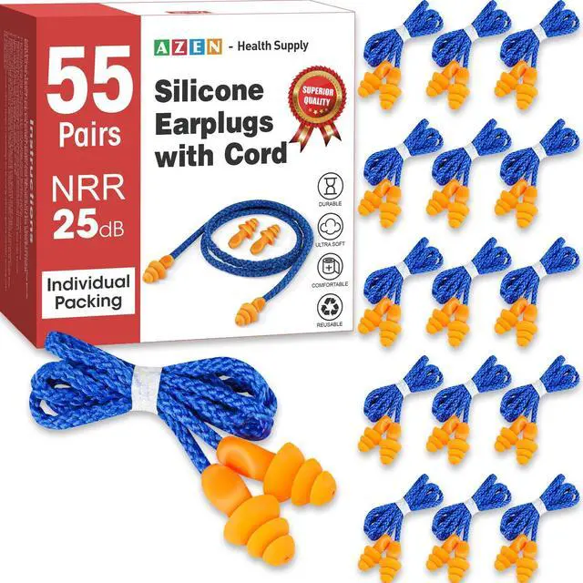 Main image of 55 Pairs Silicone Ear Plugs, Reusable Earplugs for Noise Reduction, 25dB NRR Corded Ear Plug for Sleeping Noise Cancelling, Ear Plug with String Individual Packing