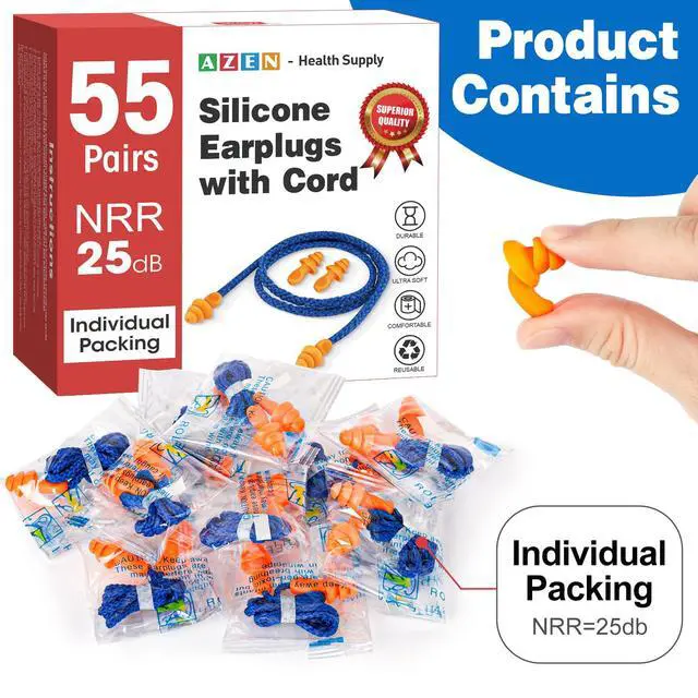 Alt view image 2 of 7 - 55 Pairs Silicone Ear Plugs, Reusable Earplugs for Noise Reduction, 25dB NRR Corded Ear Plug for Sleeping Noise Cancelling, Ear Plug with String Individual Packing