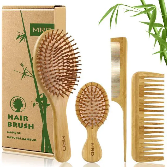 Main image of Hair Brush Set, Natural Bamboo Comb Paddle Detangling Hairbrush, Wide-tooth and tail comb No Bristle, suit for Women Men and Kids Thick/Thin/Curly/Dry Hair Gift kit