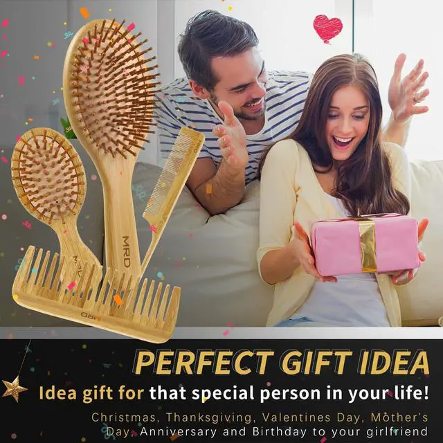 Alt view image 7 of 7 - Hair Brush Set, Natural Bamboo Comb Paddle Detangling Hairbrush, Wide-tooth and tail comb No Bristle, suit for Women Men and Kids Thick/Thin/Curly/Dry Hair Gift kit