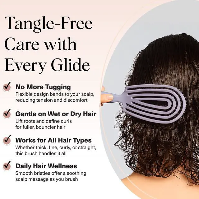 Alt view image 2 of 7 - Hair Brush Detangler Flexi Flow Hair Brush for Women, Men & Kids | Detangling Brushes for Curly Hair with Bendable Frame, Bounce Curl Defining Brush for Wet or Dry Strands - Soft Violet