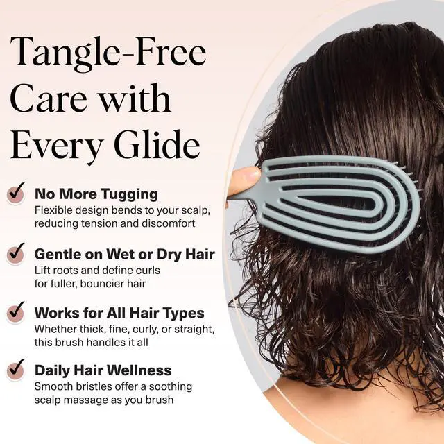 Alt view image 2 of 7 - Hair Brush Detangler Flexi Flow Hair Brush for Women, Men & Kids | Detangling Brushes for Curly Hair with Bendable Frame, Bounce Curl Defining Brush for Wet or Dry Strands - Haze Blue