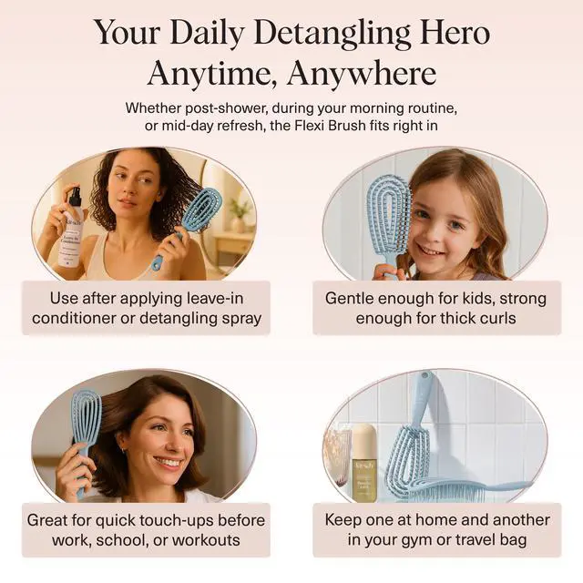 Alt view image 6 of 7 - Hair Brush Detangler Flexi Flow Hair Brush for Women, Men & Kids | Detangling Brushes for Curly Hair with Bendable Frame, Bounce Curl Defining Brush for Wet or Dry Strands - Haze Blue