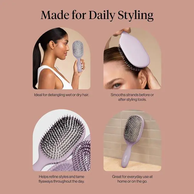 Alt view image 6 of 7 - Smooth & Polish Brush Dual Bristle Detangler Brush, Shine & Frizz Control Vegan Boar & Nylon Hair Brush w/Cushioned Pad for Scalp Massage Hair Care Tool for All Hair Types - Soft Violet