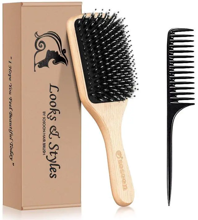 Main image of Hair Brush, Boar Bristle Paddle Hairbrush for Long Short Thick Thin Curly Straight Wavy Dry Hair for Men Women Kids, No More Tangle, Giftbox & Tail Comb Included