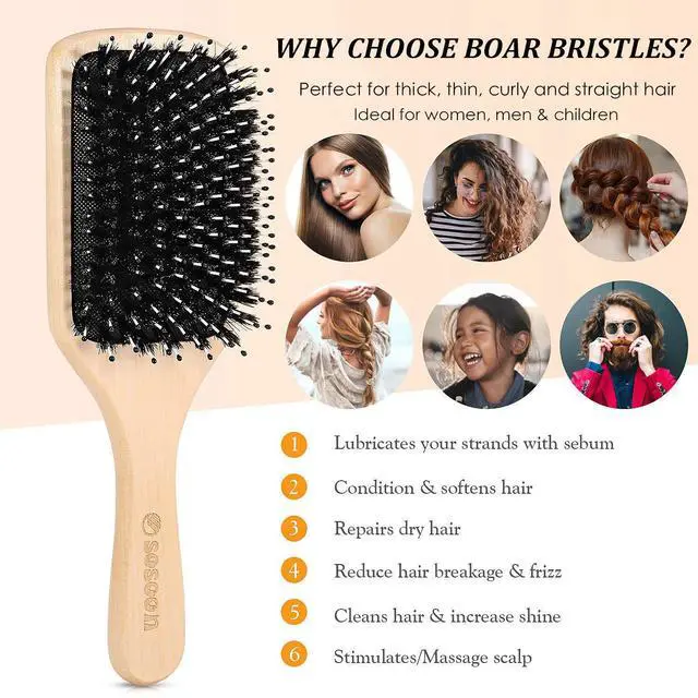Alt view image 3 of 7 - Hair Brush, Boar Bristle Paddle Hairbrush for Long Short Thick Thin Curly Straight Wavy Dry Hair for Men Women Kids, No More Tangle, Giftbox & Tail Comb Included