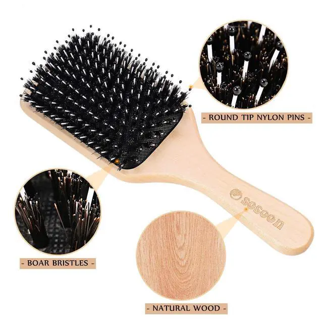 Alt view image 2 of 7 - Hair Brush, Boar Bristle Paddle Hairbrush for Long Short Thick Thin Curly Straight Wavy Dry Hair for Men Women Kids, No More Tangle, Giftbox & Tail Comb Included