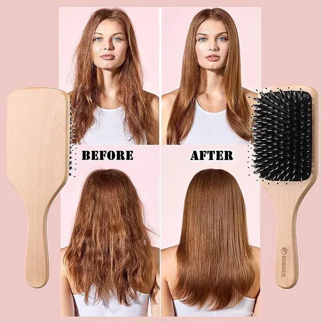Alt view image 4 of 7 - Hair Brush, Boar Bristle Paddle Hairbrush for Long Short Thick Thin Curly Straight Wavy Dry Hair for Men Women Kids, No More Tangle, Giftbox & Tail Comb Included