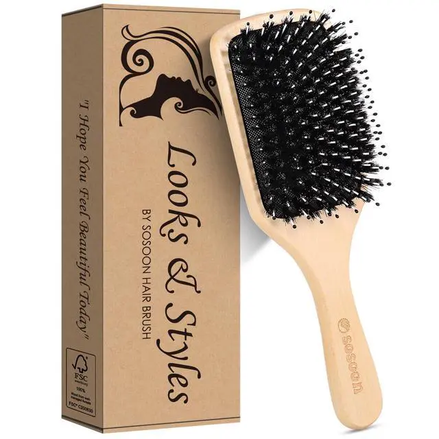 Alt view image 7 of 7 - Hair Brush, Boar Bristle Paddle Hairbrush for Long Short Thick Thin Curly Straight Wavy Dry Hair for Men Women Kids, No More Tangle, Giftbox & Tail Comb Included