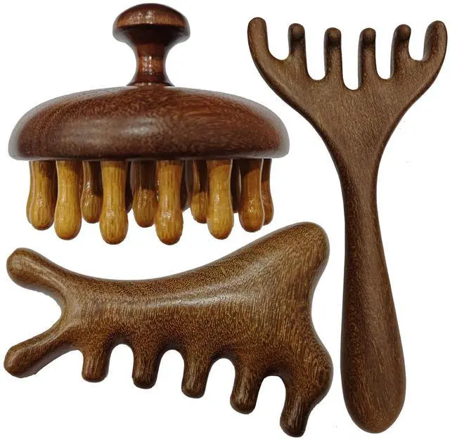 Main image of 3PCS Multi-Functional Full Body Massager Tool Set for Head, Face, Nose, Eyes, Jaw, Neck, Arm, Shoulder, Leg, Feet, Wooden Scalp Massage Comb for Head, Gua Sha Brush for Women Men, Hair Growth Massage