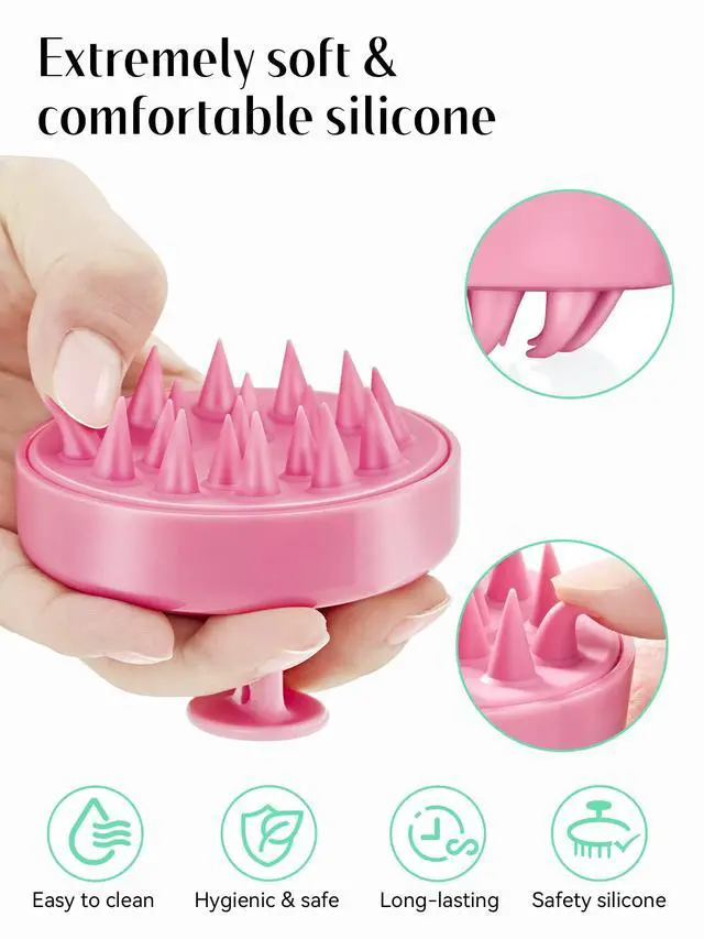 Alt view image 3 of 7 - Scalp Massager Hair Growth, Soft Silicone Scalp Scrubber Shampoo Brush for Exfoliation, Dandruff Removal Head Massage Stress Relax, Wet & Dry Use for Thick Thin Curly Hair Care, Cherry Pink
