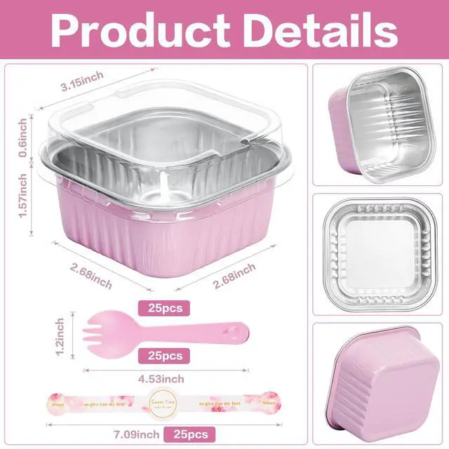 Alt view image 2 of 7 - Mini Cake Pans with Lids, 5oz/150ml Mini Loaf pans with Lids Spoons Aluminum Foil, Disposable Square Small Baking Cups Tins Muffin Pan Cheesecake Containers for Party Pink 25Pack