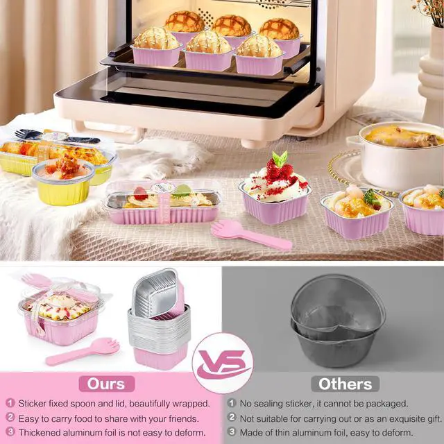 Alt view image 6 of 7 - Mini Cake Pans with Lids, 5oz/150ml Mini Loaf pans with Lids Spoons Aluminum Foil, Disposable Square Small Baking Cups Tins Muffin Pan Cheesecake Containers for Party Pink 25Pack