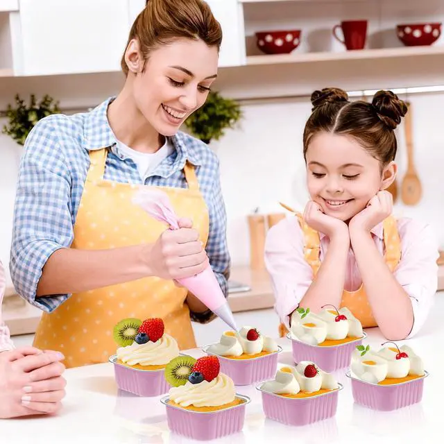 Alt view image 7 of 7 - Mini Cake Pans with Lids, 5oz/150ml Mini Loaf pans with Lids Spoons Aluminum Foil, Disposable Square Small Baking Cups Tins Muffin Pan Cheesecake Containers for Party Pink 25Pack
