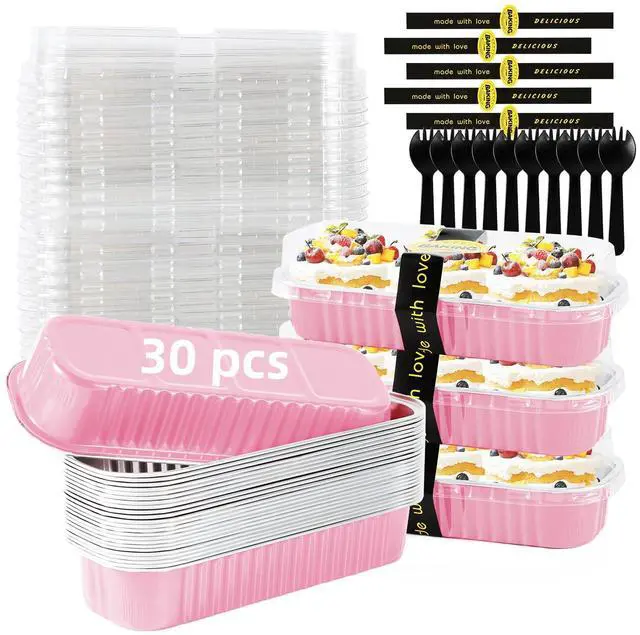 Main image of Mini Loaf Pans with Lids and Spoons Sealing Sticker,6.8oz Cake Pans for Baking Disposable Aluminum Foil Pink/Red cake pan (30, Pink)