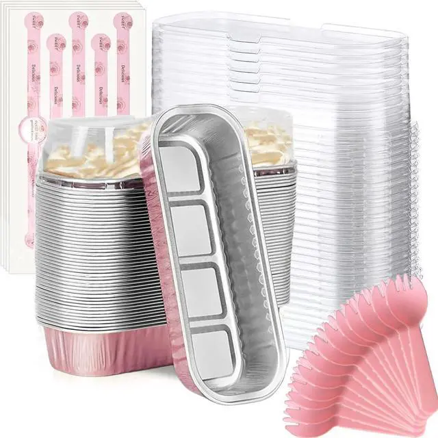 Main image of Mini Loaf Baking Pans with Lids and Spoons (50 Pack, 6.8oz) Rectangle Aluminum Foil Baking Pans Tins Containers - Cupcake Containers Wrappers Cheesecake Creme Brulee Ramekins