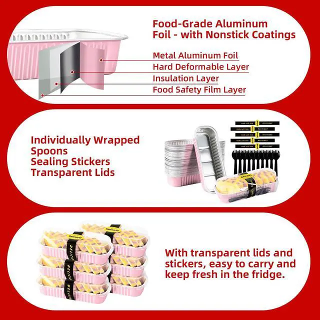 Alt view image 3 of 6 - Mini Loaf Pans with Lids and Spoons Sealing Sticker,6.8oz Cake Pans for Baking Disposable Aluminum Foil Pink/Red cake pan (30, Pink)