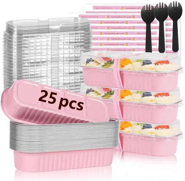 Main image of 25 Pack Mini Cake Pans with Lids and Spoons, 6.8 oz Pink Disposable Aluminum Foil Mini Loaf Pans with Stickers, Individual Small Dessert Cake Tins Containers for Small Batch Baking, Parties Treat