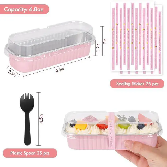 Alt view image 2 of 7 - 25 Pack Mini Cake Pans with Lids and Spoons, 6.8 oz Pink Disposable Aluminum Foil Mini Loaf Pans with Stickers, Individual Small Dessert Cake Tins Containers for Small Batch Baking, Parties Treat