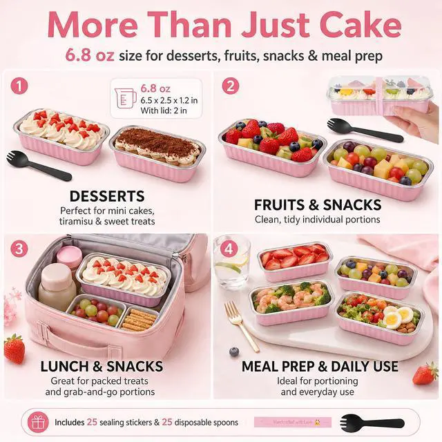 Alt view image 5 of 7 - 25 Pack Mini Cake Pans with Lids and Spoons, 6.8 oz Pink Disposable Aluminum Foil Mini Loaf Pans with Stickers, Individual Small Dessert Cake Tins Containers for Small Batch Baking, Parties Treat
