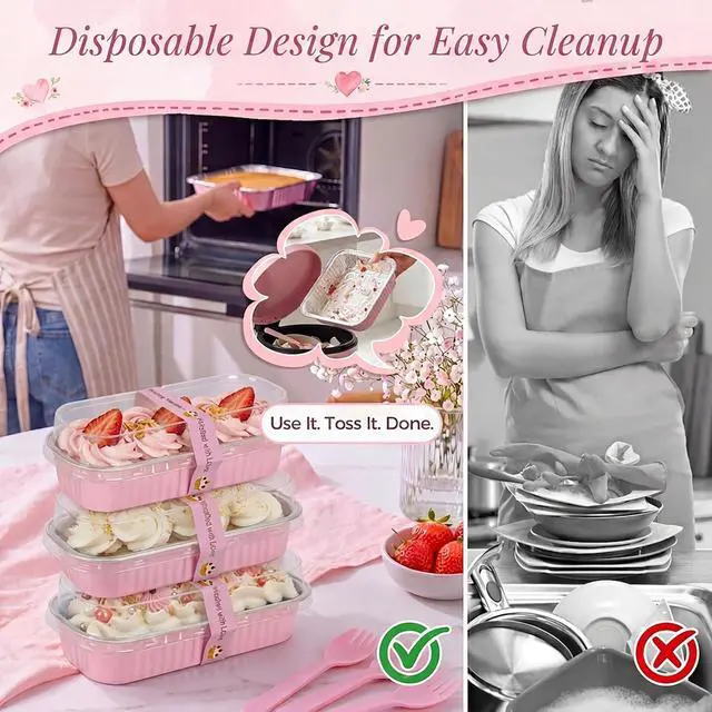 Alt view image 7 of 7 - 25 Pack Mini Cake Pans with Lids and Spoons, 6.8 oz Pink Disposable Aluminum Foil Mini Loaf Pans with Stickers, Individual Small Dessert Cake Tins Containers for Small Batch Baking, Parties Treat