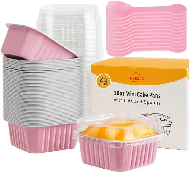 Main image of Mini Cake Pans with Lids 25 Pack,10oz Small Baking Tins Foil Muffin Cups for Brownie, Individual 4 Bread Pan Disposable Cupcake Containers for Valentine Holiday Bake Sale-Pink