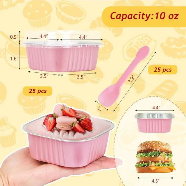 Alt view image 2 of 7 - Mini Cake Pans with Lids 25 Pack,10oz Small Baking Tins Foil Muffin Cups for Brownie, Individual 4 Bread Pan Disposable Cupcake Containers for Valentine Holiday Bake Sale-Pink