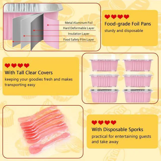 Alt view image 3 of 7 - Mini Cake Pans with Lids 25 Pack,10oz Small Baking Tins Foil Muffin Cups for Brownie, Individual 4 Bread Pan Disposable Cupcake Containers for Valentine Holiday Bake Sale-Pink