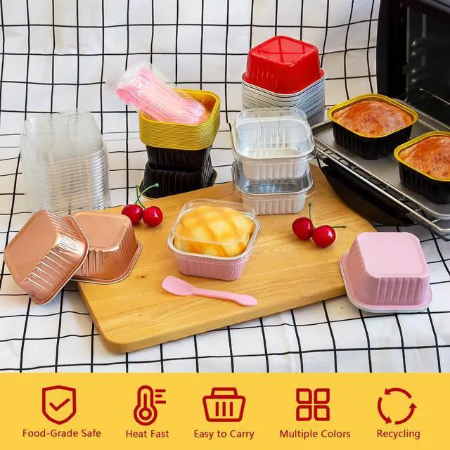Alt view image 4 of 7 - Mini Cake Pans with Lids 25 Pack,10oz Small Baking Tins Foil Muffin Cups for Brownie, Individual 4 Bread Pan Disposable Cupcake Containers for Valentine Holiday Bake Sale-Pink