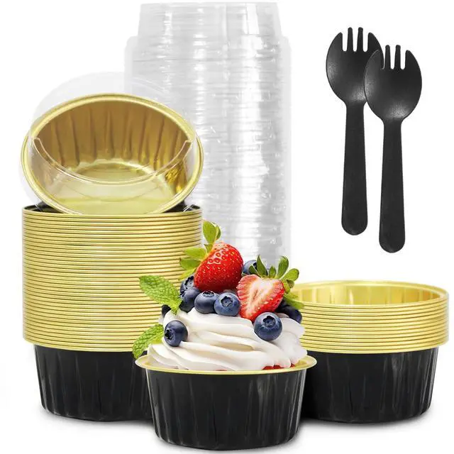 Main image of Graduation Party 50Pcs Mini Aluminum Foil Cupcake,5oz Baking Cups with Lids,Mini Cake Pans Disposable,Loaf Pans with Lids,Disposable Ramekins,Tin Cups Containers for Cupcake,Pudding,Muffin (50, Black)