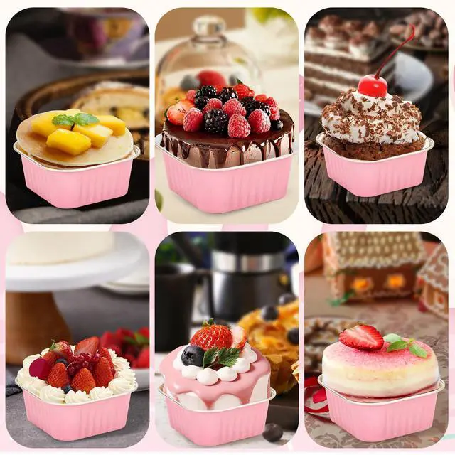 Alt view image 4 of 7 - 30Pack 5oz Pink Mini Cake Pans with Lids and Spoons Baking Cups Aluminum Foil Pans Tins, Individual Dessert Cups Containers for Sales,Party,Picnics