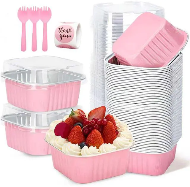 Main image of 30Pack 5oz Pink Mini Cake Pans with Lids and Spoons Baking Cups Aluminum Foil Pans Tins, Individual Dessert Cups Containers for Sales,Party,Picnics