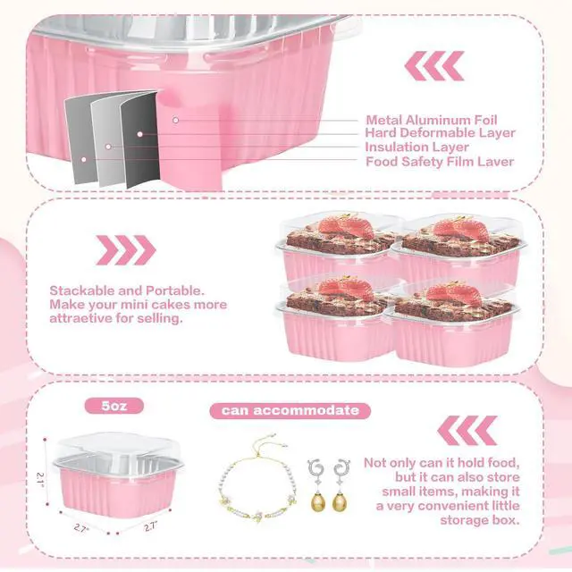 Alt view image 7 of 7 - 30Pack 5oz Pink Mini Cake Pans with Lids and Spoons Baking Cups Aluminum Foil Pans Tins, Individual Dessert Cups Containers for Sales,Party,Picnics