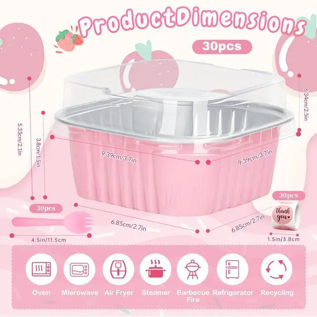 Alt view image 3 of 7 - 30Pack 5oz Pink Mini Cake Pans with Lids and Spoons Baking Cups Aluminum Foil Pans Tins, Individual Dessert Cups Containers for Sales,Party,Picnics