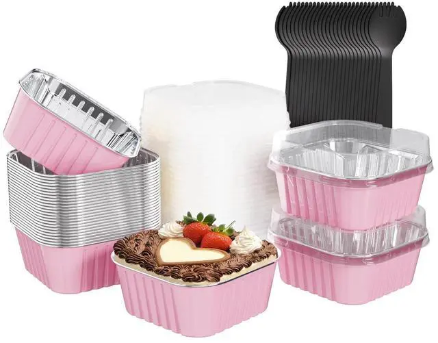 Main image of 25 Pack Square Mini Cake Pans with Lids,Mini Loaf Pans with Lids,Aluminum Foil Baking Cups,Disposable Ramekins Cupcake Cups,Dessert Cups for Wedding Birthday Party Picnics,5oz (Pink)