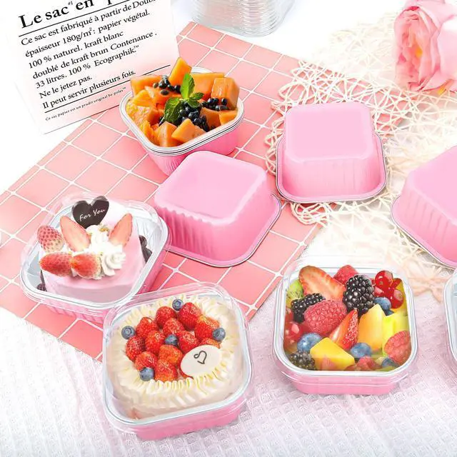 Alt view image 6 of 7 - 30Pack 5oz Pink Mini Cake Pans with Lids and Spoons Baking Cups Aluminum Foil Pans Tins, Individual Dessert Cups Containers for Sales,Party,Picnics