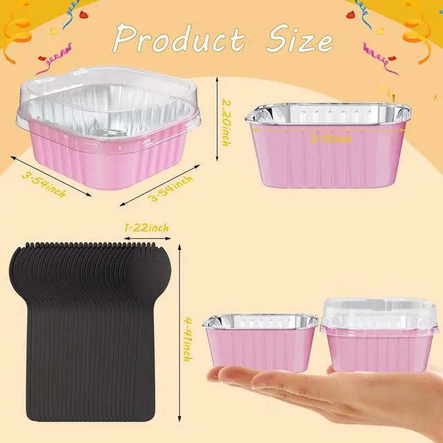 Alt view image 2 of 6 - 25 Pack Square Mini Cake Pans with Lids,Mini Loaf Pans with Lids,Aluminum Foil Baking Cups,Disposable Ramekins Cupcake Cups,Dessert Cups for Wedding Birthday Party Picnics,5oz (Pink)