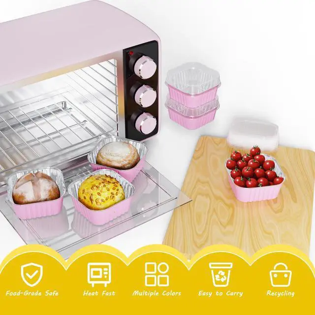 Alt view image 3 of 6 - 25 Pack Square Mini Cake Pans with Lids,Mini Loaf Pans with Lids,Aluminum Foil Baking Cups,Disposable Ramekins Cupcake Cups,Dessert Cups for Wedding Birthday Party Picnics,5oz (Pink)