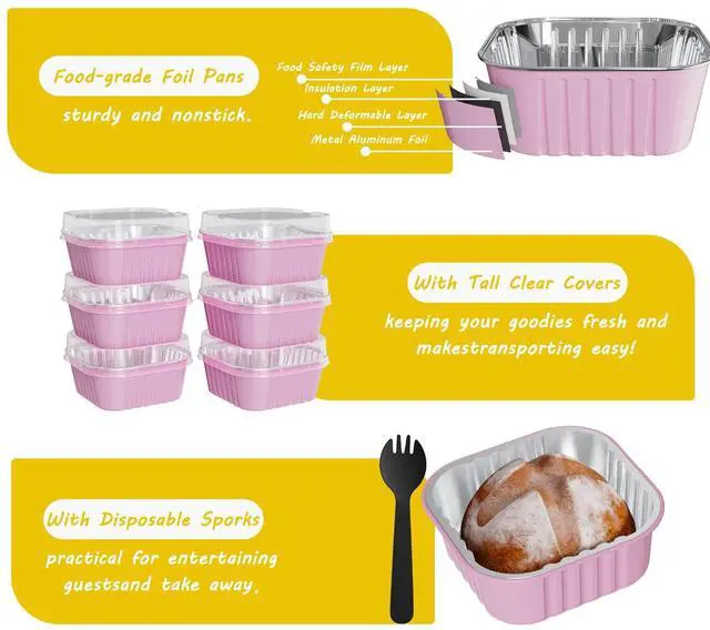 Alt view image 4 of 6 - 25 Pack Square Mini Cake Pans with Lids,Mini Loaf Pans with Lids,Aluminum Foil Baking Cups,Disposable Ramekins Cupcake Cups,Dessert Cups for Wedding Birthday Party Picnics,5oz (Pink)