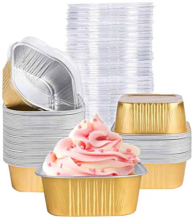 Main image of 40 Pack Mini Cake Pans with Lids, 5oz Square Aluminum Foil Brownie Baking Cups, Muffin Tin Ramekins, Disposable Dessert Cupcake Cups for Wedding Birthday Party, Gold
