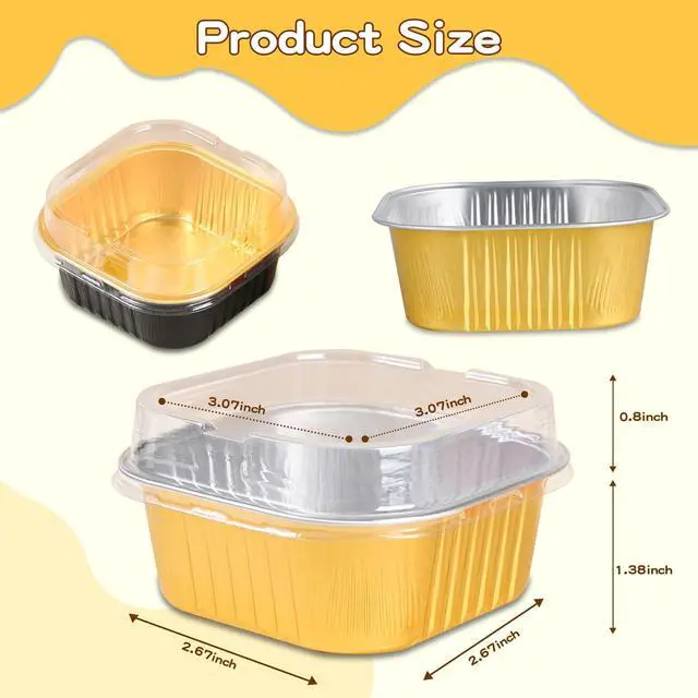 Alt view image 2 of 7 - 40 Pack Mini Cake Pans with Lids, 5oz Square Aluminum Foil Brownie Baking Cups, Muffin Tin Ramekins, Disposable Dessert Cupcake Cups for Wedding Birthday Party, Gold