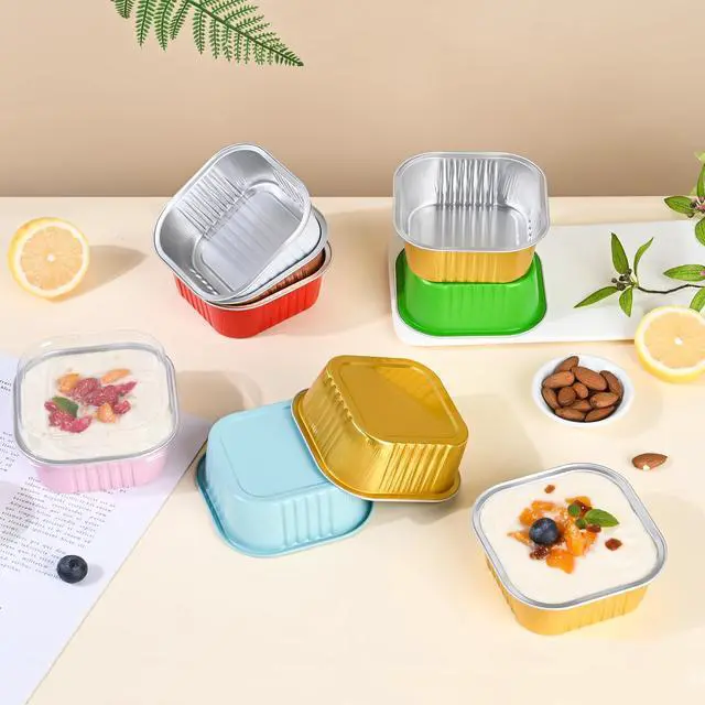 Alt view image 3 of 7 - 40 Pack Mini Cake Pans with Lids, 5oz Square Aluminum Foil Brownie Baking Cups, Muffin Tin Ramekins, Disposable Dessert Cupcake Cups for Wedding Birthday Party, Gold